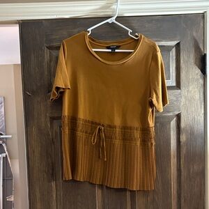 Women's Short Sleeve Top with Pleated Hem - Mustard